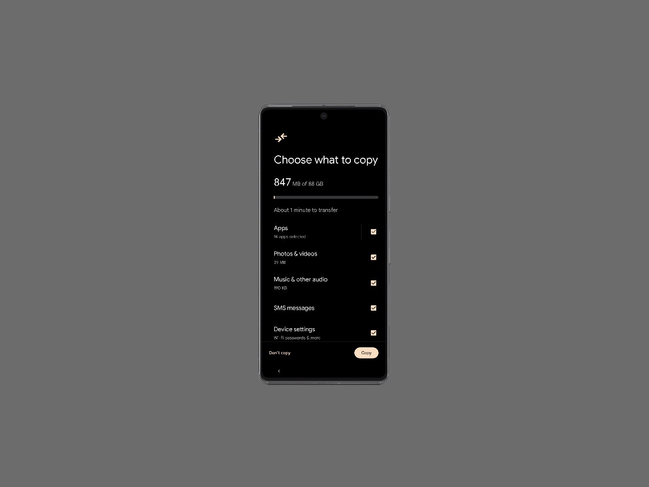 Android smartphone displaying a menu to copy apps over